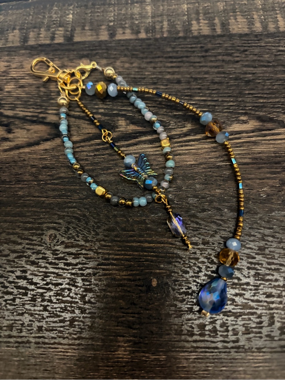 Beaded Blue & Gold Beaded Butterfly Bag Charm/ Keychain - Handmade